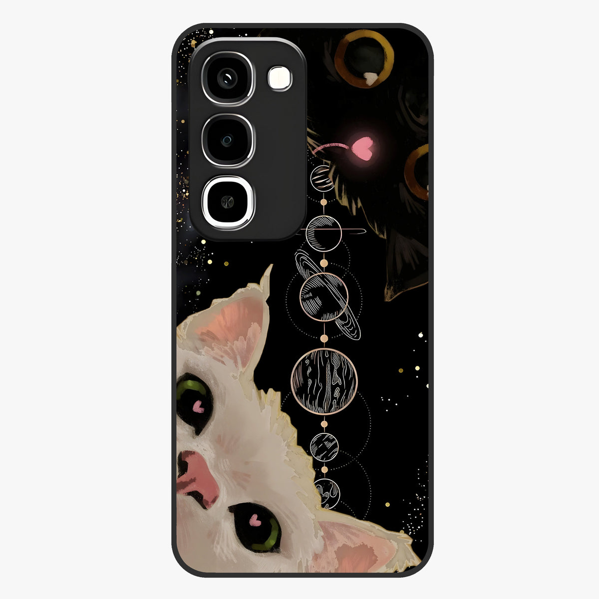Galactic Cat Glass Case showing flat back view with cosmic cat artwork and glossy glass finish.