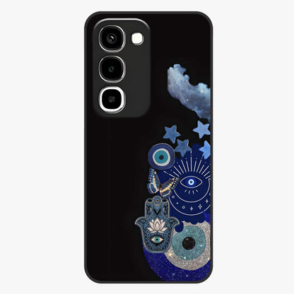 Galactic Charm Cluster Glass Case showing flat back view with glowing celestial charm artwork and glossy glass finish.