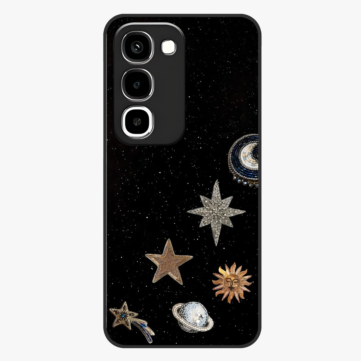 Galactic Charm Glow Glass Case showing flat back view with glowing celestial charm artwork and glossy glass finish.
