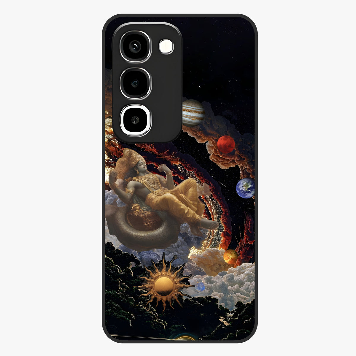 Galactic Divine God Glass Case showing flat back view with divine cosmic themed artwork and glossy glass finish.