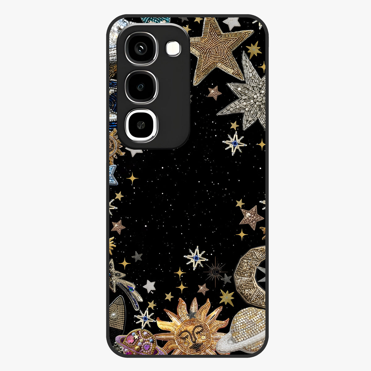 Galactic Jewel Stars Glass Case showing flat back view with sparkling star jewel artwork and glossy glass finish.