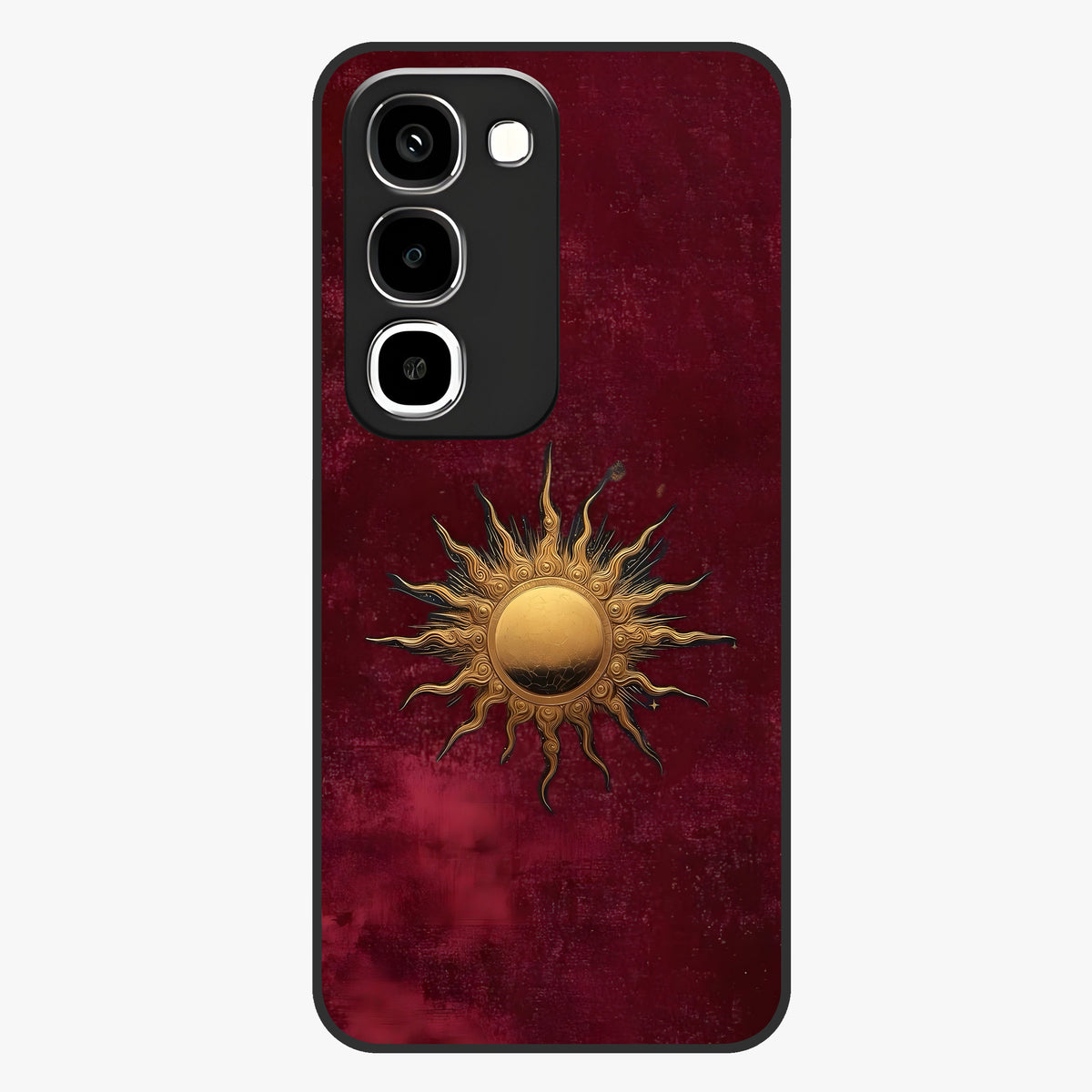 Gold Sun Blush Glass Case showing flat back view with golden sun inspired artwork and glossy glass finish.