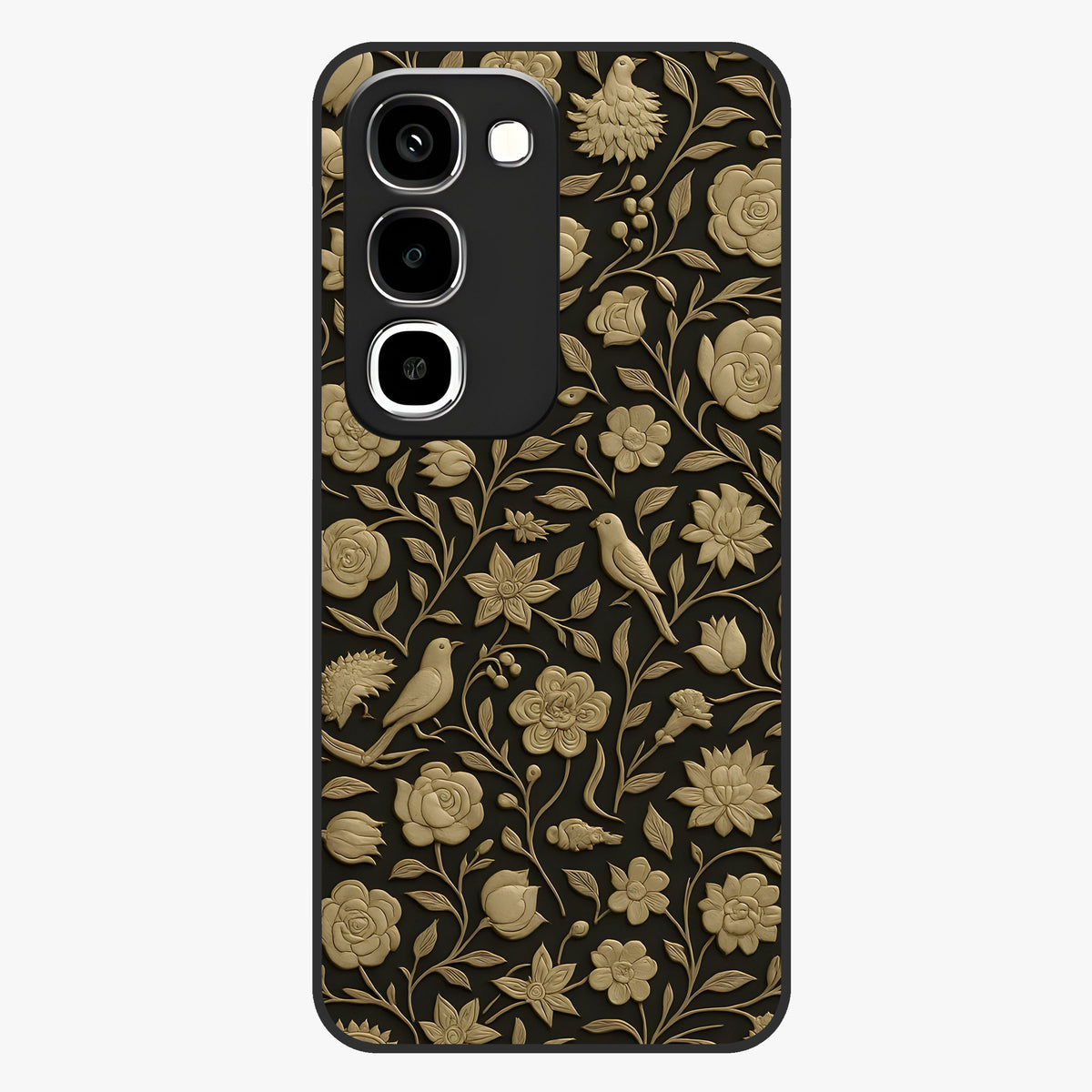 Golden Floral Majesty Glass Case showing flat back view with luxurious golden floral artwork and glossy glass finish.