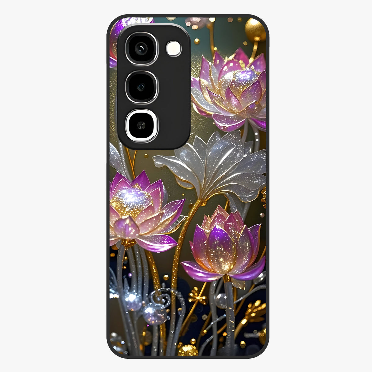 Golden Lotus Glow Glass Case showing flat back view with glowing lotus flower artwork and glossy glass finish.