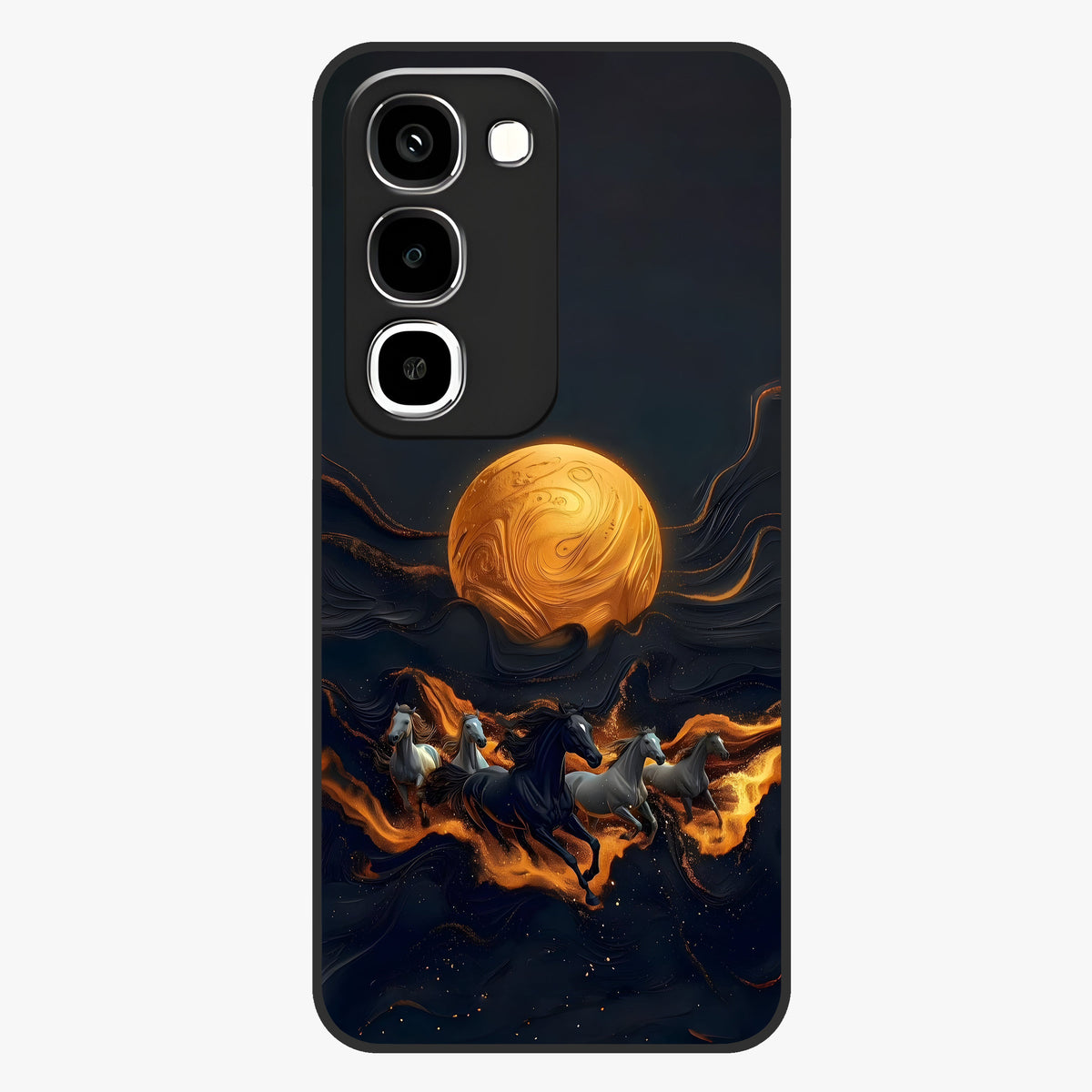 Golden Stallion Moonride Glass Case showing flat back view with majestic horse under moonlight artwork and glossy glass finish.