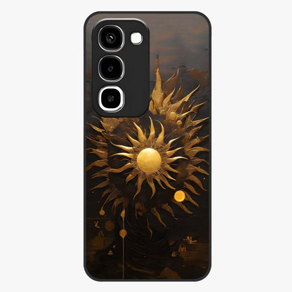 Golden Sun Majesty Glass Case showing flat back view with radiant golden sun artwork and glossy glass finish.