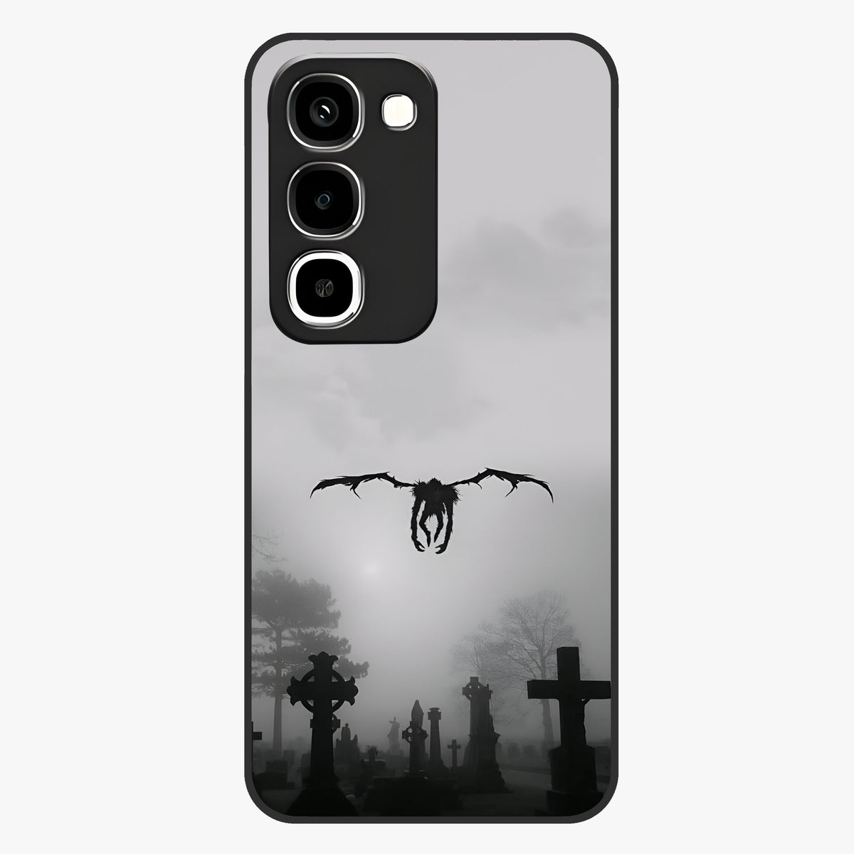 Graveyard Shadow Descent Glass Case showing flat back view with dark graveyard themed artwork and glossy glass finish.