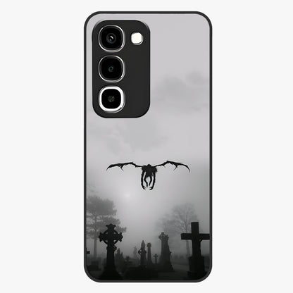 Graveyard Shadow Descent Glass Case showing flat back view with dark graveyard themed artwork and glossy glass finish.