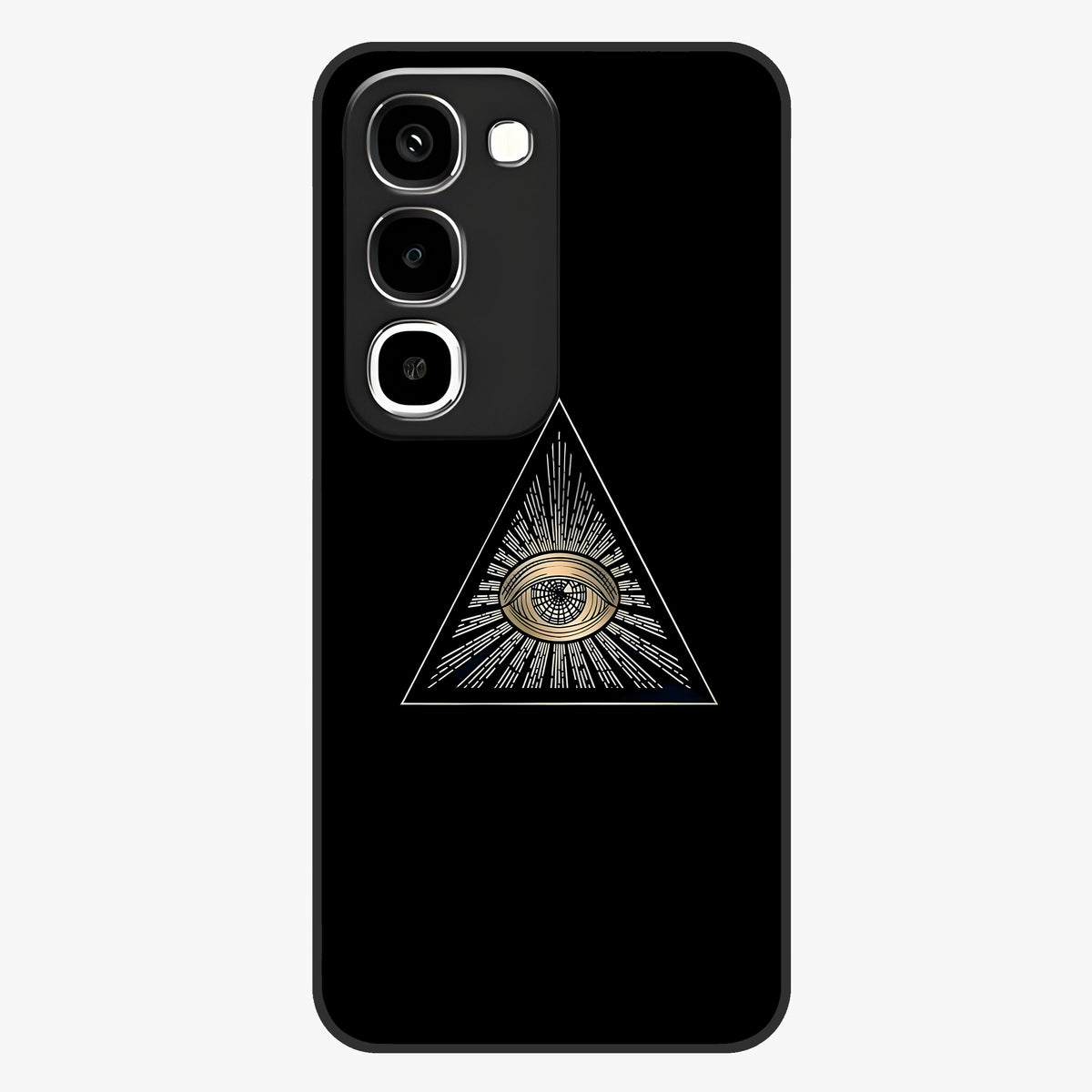 Illuminati Evil Glass Case showing flat back view with mysterious illuminati symbol artwork and glossy glass finish.