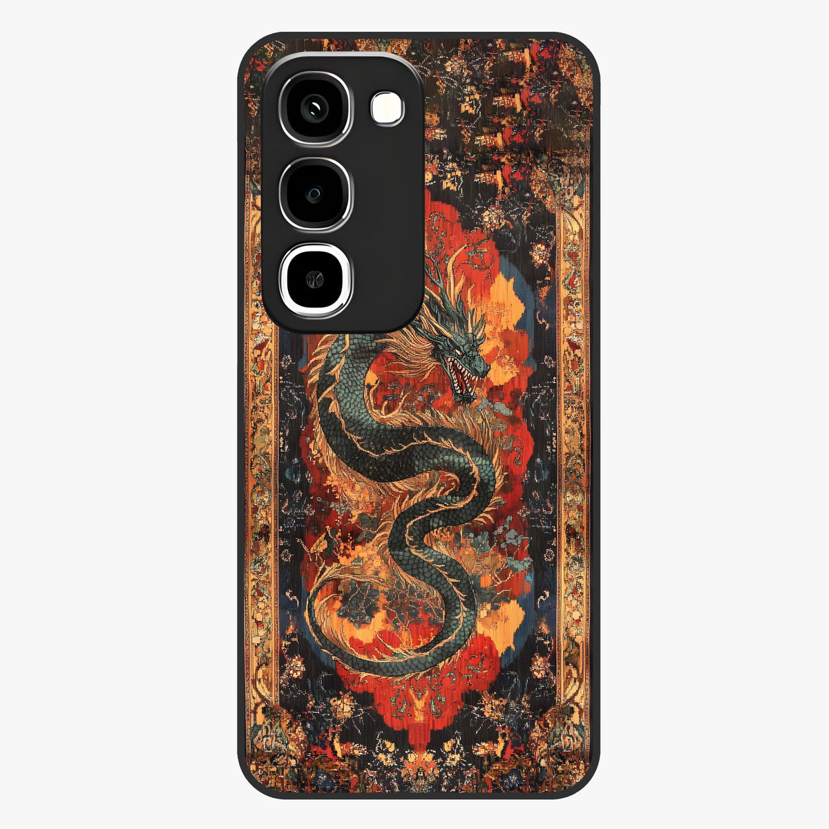 Inferno Dragon Soul Glass Case showing flat back view with fiery dragon artwork and glossy glass finish.
