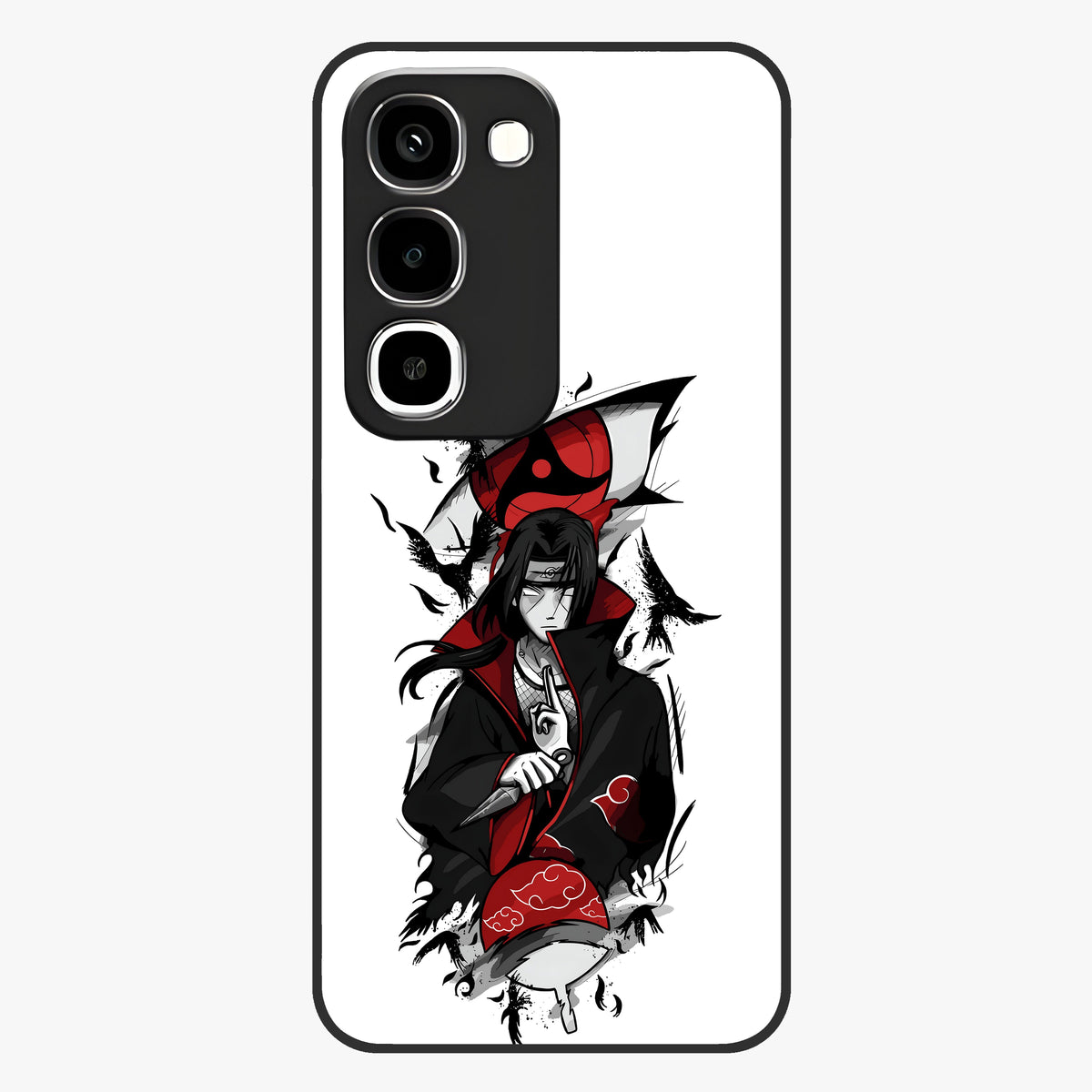 Itachi Sharingan Glass Case showing flat back view with powerful anime eye artwork and glossy glass finish.
