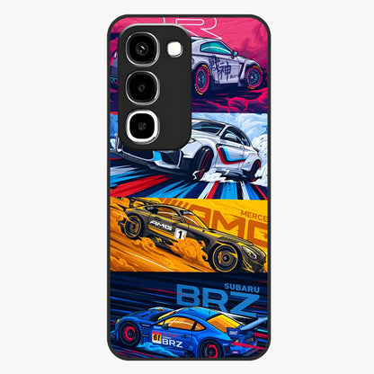 JDM Sports Car Glass Case showing flat back view with high performance sports car artwork and glossy glass finish.