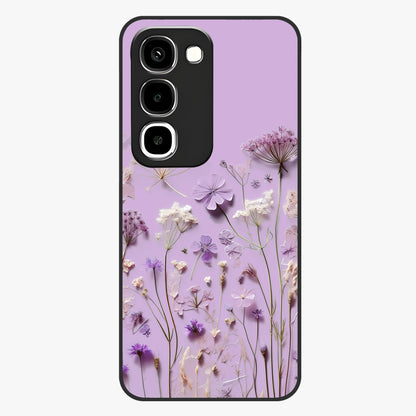 Lavender Blossom Dream Glass Case showing flat back view with soft lavender floral artwork and glossy glass finish.
