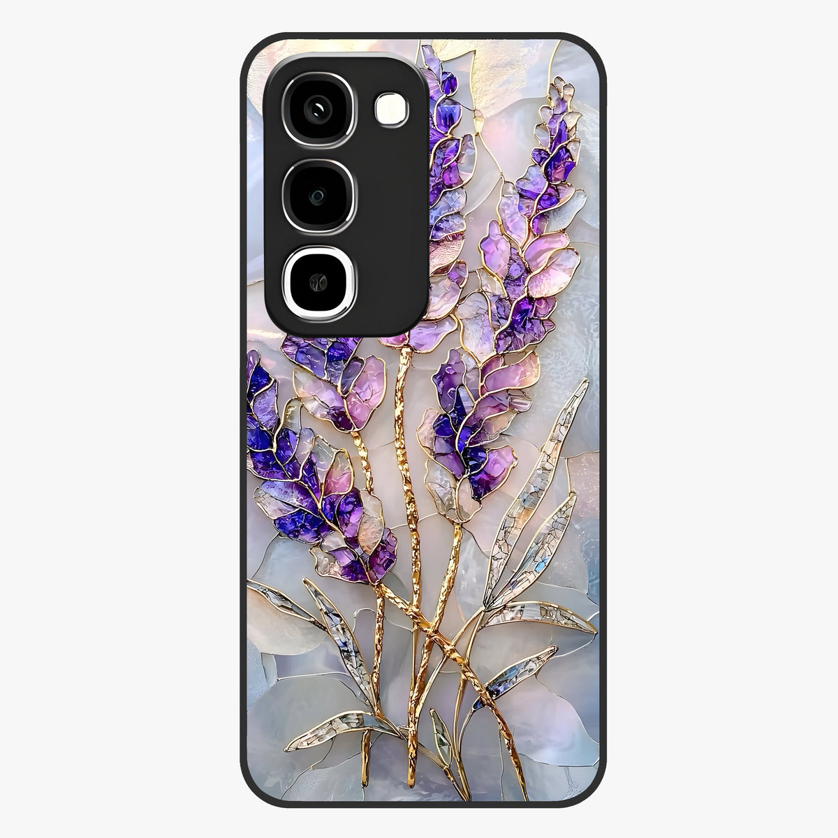 Lavender Dream Glow Glass Case showing flat back view with glowing lavender aesthetic artwork and glossy glass finish.