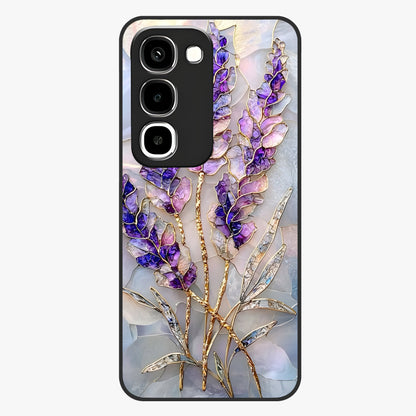 Lavender Dream Glow Glass Case showing flat back view with glowing lavender aesthetic artwork and glossy glass finish.