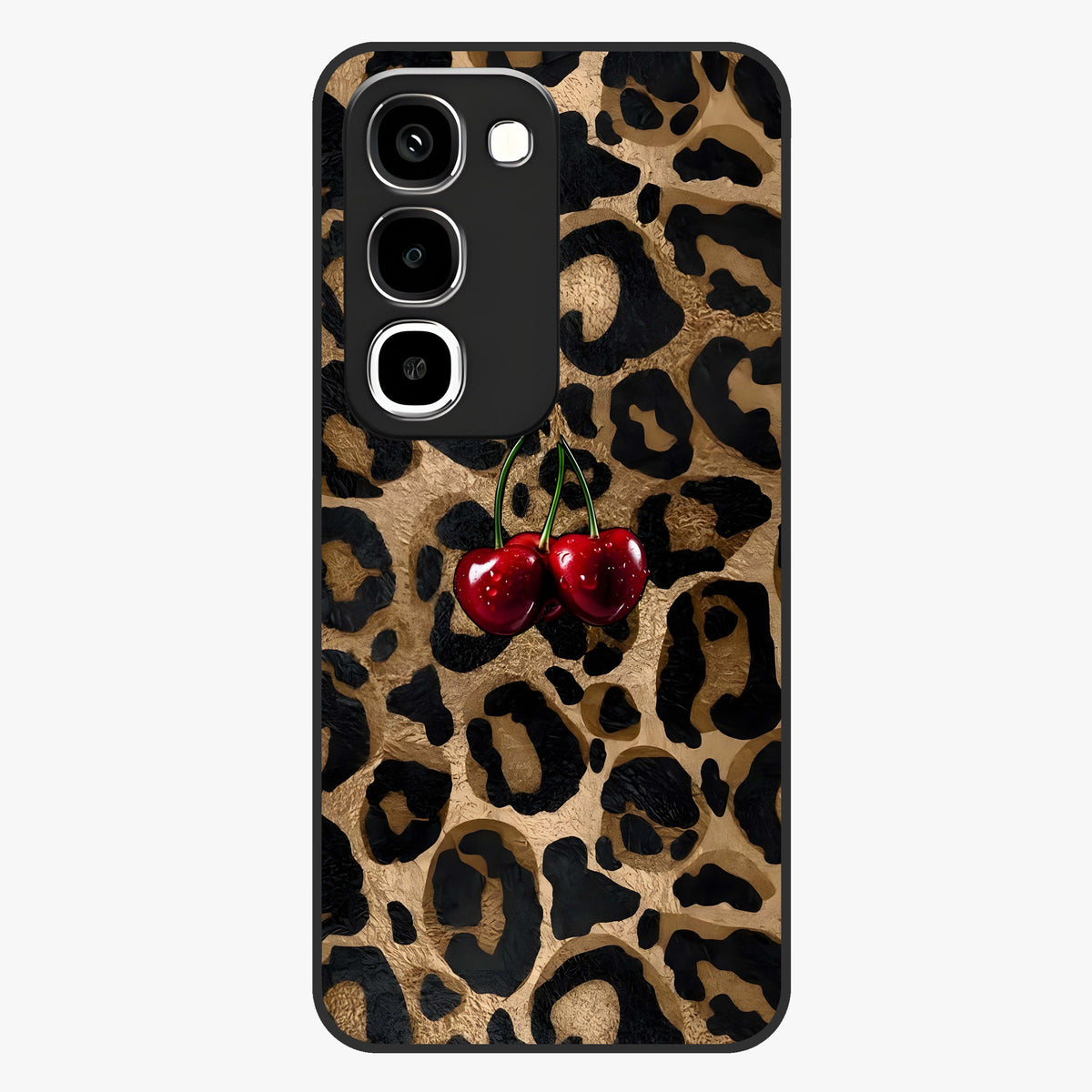 Leopard Wild Cherry Glass Case showing flat back view with leopard pattern and cherry artwork and glossy glass finish.