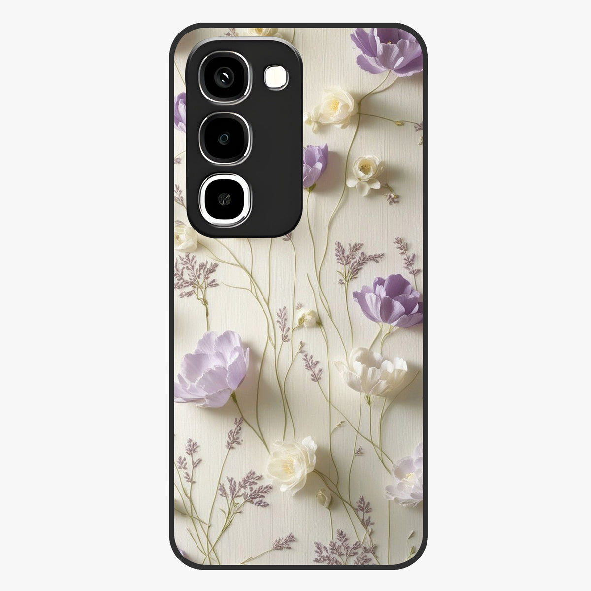 Lilac Breeze Harmony Glass Case showing flat back view with soft lilac themed artwork and glossy glass finish.
