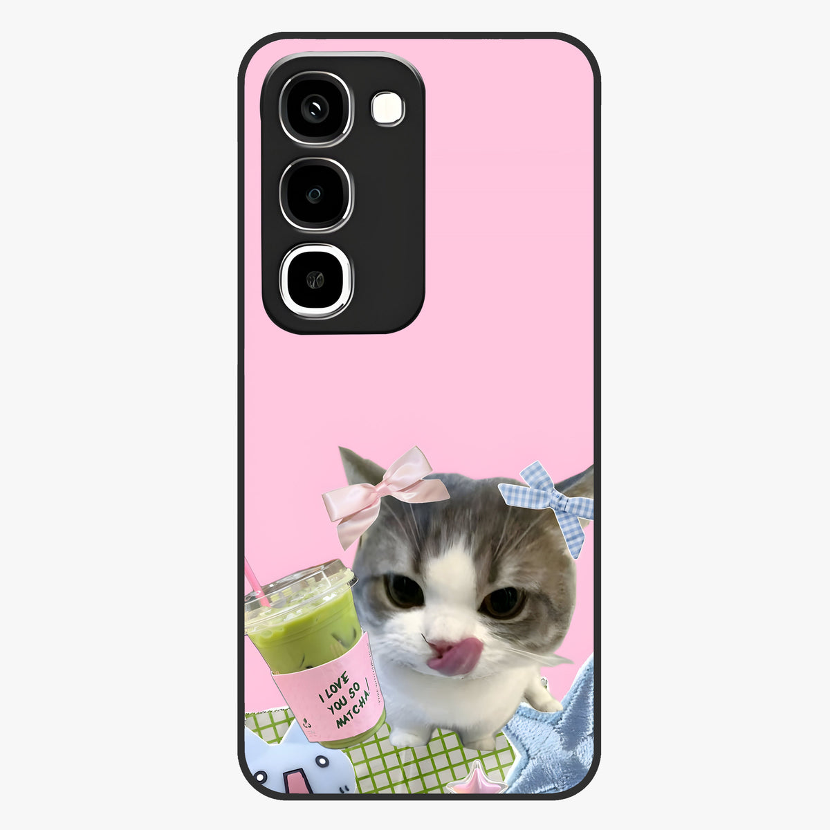Love Matcha Cat Glass Case showing flat back view with cute cat and matcha themed artwork and glossy glass finish.