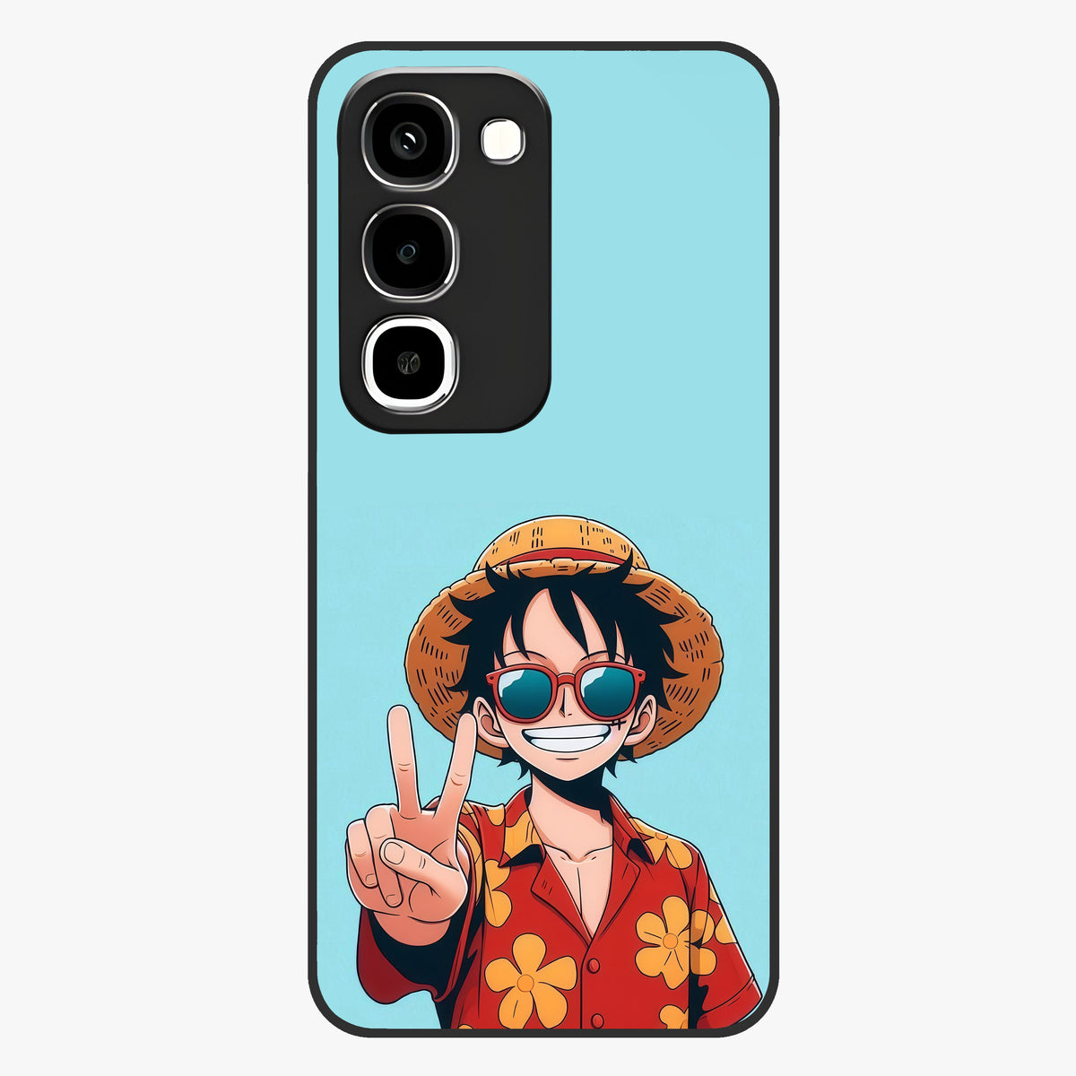 Luffy Summer Anime Vibe Glass Case showing flat back view with vibrant anime character artwork and glossy glass finish.
