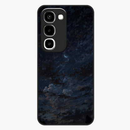 Lunar Veil Silence Glass Case showing flat back view with mystical moon veil artwork and glossy glass finish.