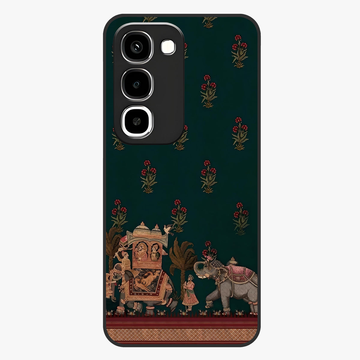 Macmerise Glass Case showing flat back view with stylish modern artwork and glossy glass finish.