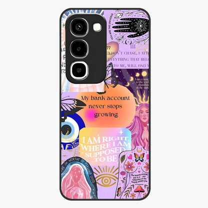 Manifestation Collage Glass Case showing flat back view with motivational collage artwork and glossy glass finish.