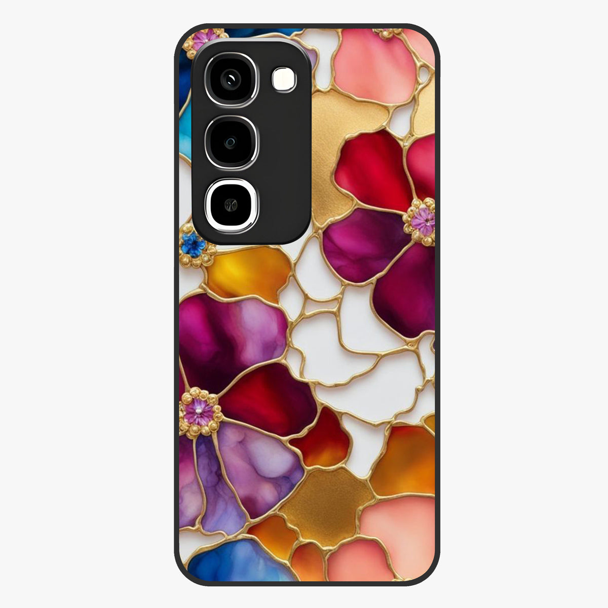 Marble Flower Pattern Glass Case showing flat back view with marble texture floral artwork and glossy glass finish.