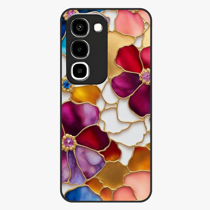 Marble Flower Pattern Glass Case showing flat back view with marble texture floral artwork and glossy glass finish.