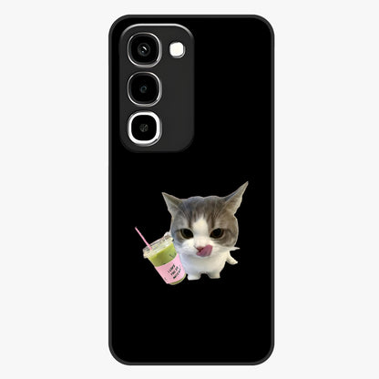 Matcha Cat Style Glass Case showing flat back view with cute matcha themed cat artwork and glossy glass finish.