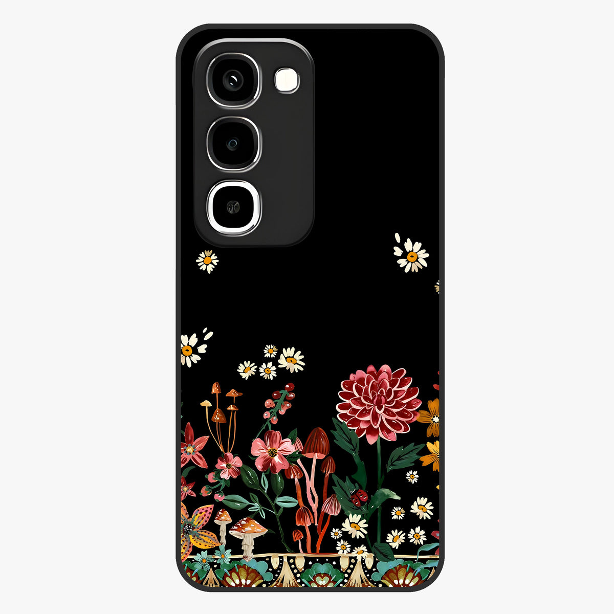 Midnight Bloom Pattern Glass Case showing flat back view with dark floral pattern artwork and glossy glass finish.