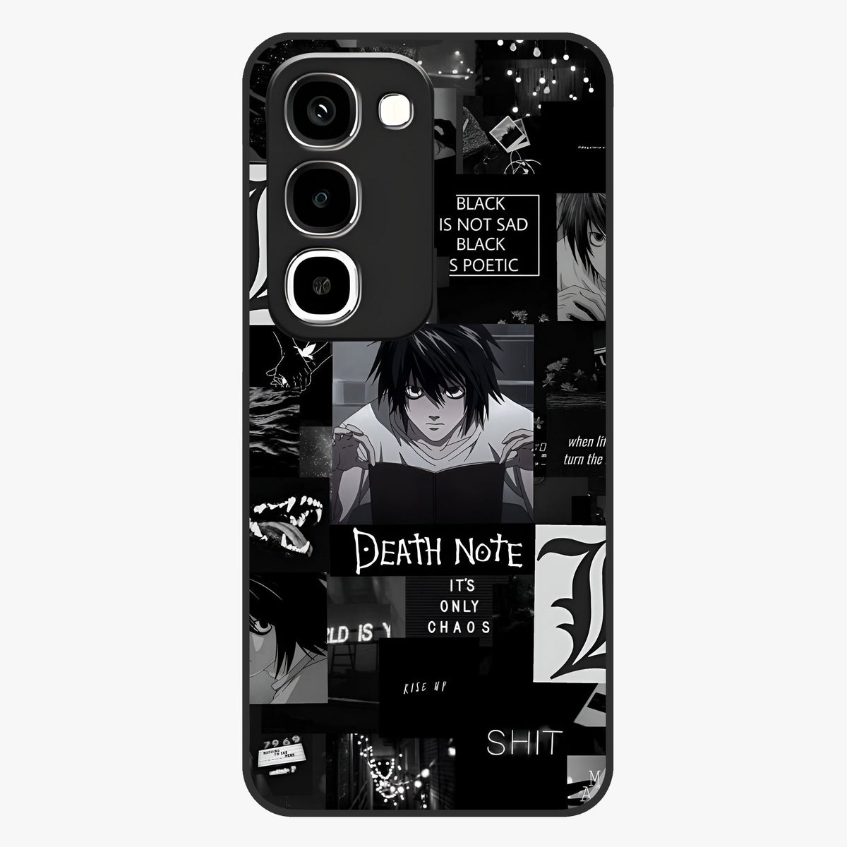 Midnight Chaos Mind Glass Case showing flat back view with abstract dark themed artwork and glossy glass finish.
