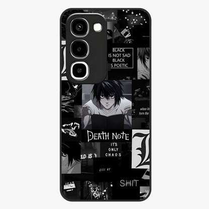 Midnight Chaos Mind Glass Case showing flat back view with abstract dark themed artwork and glossy glass finish.