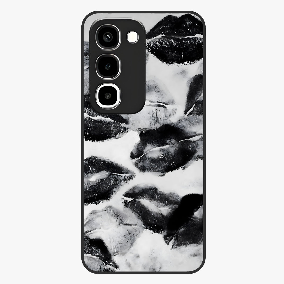 Midnight Kiss Marks Glass Case showing flat back view with lipstick kiss mark artwork and glossy glass finish.