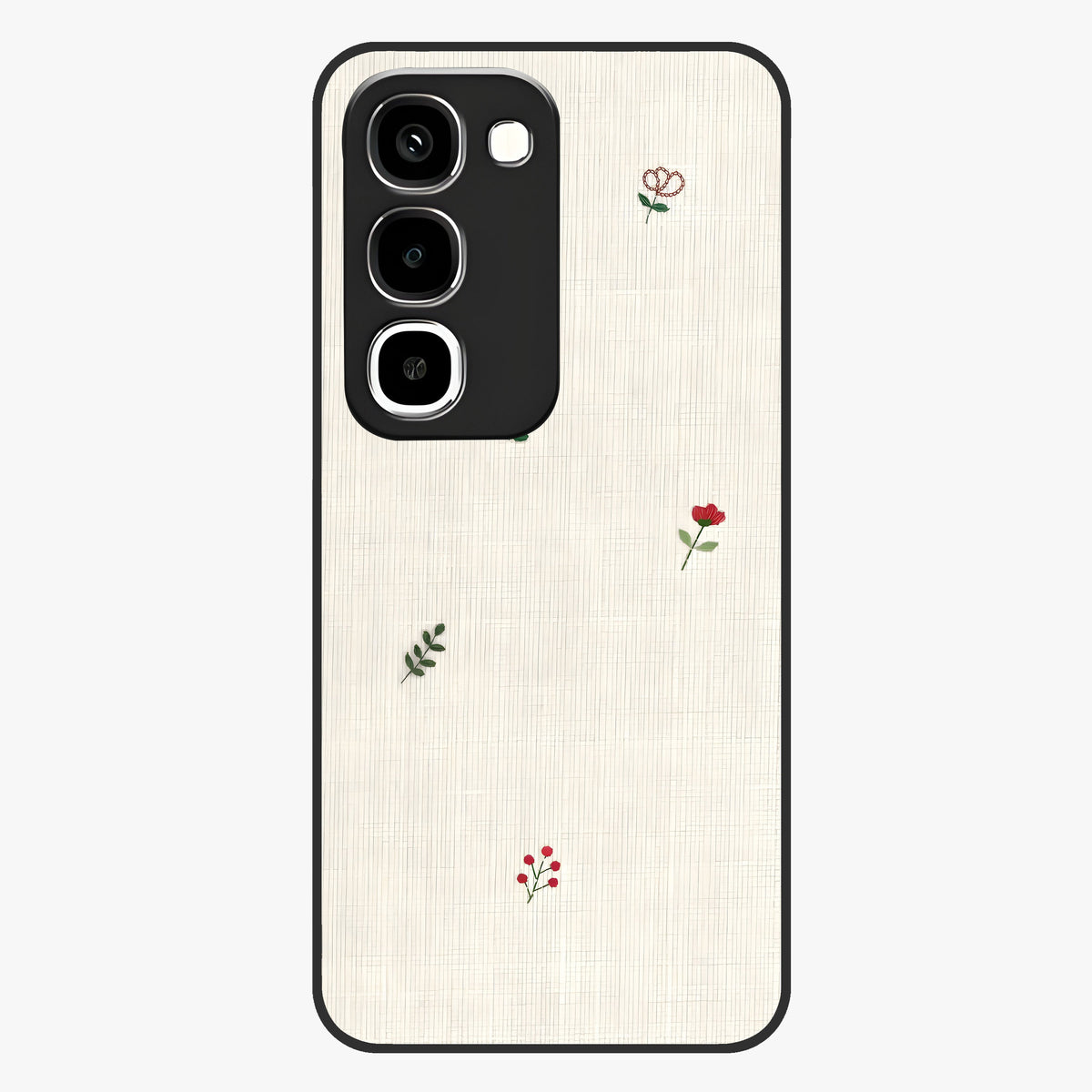 Minimal Petal Whispers Glass Case showing flat back view with soft minimal floral artwork and glossy glass finish.