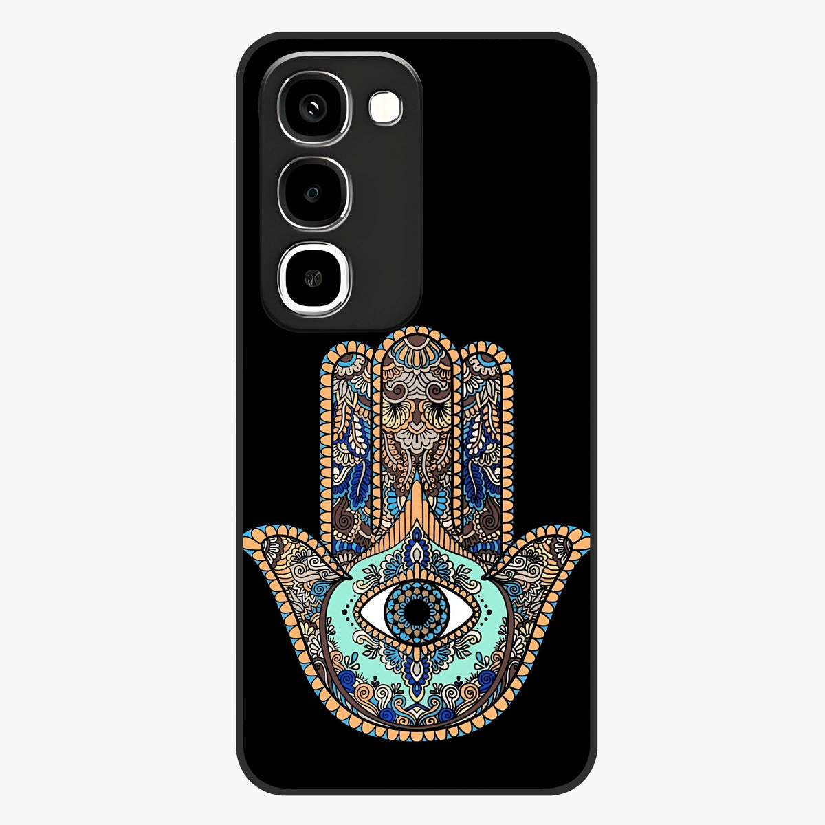 Mystic Hamsa Eye Glass Case showing flat back view with protective hamsa hand and evil eye artwork and glossy glass finish.