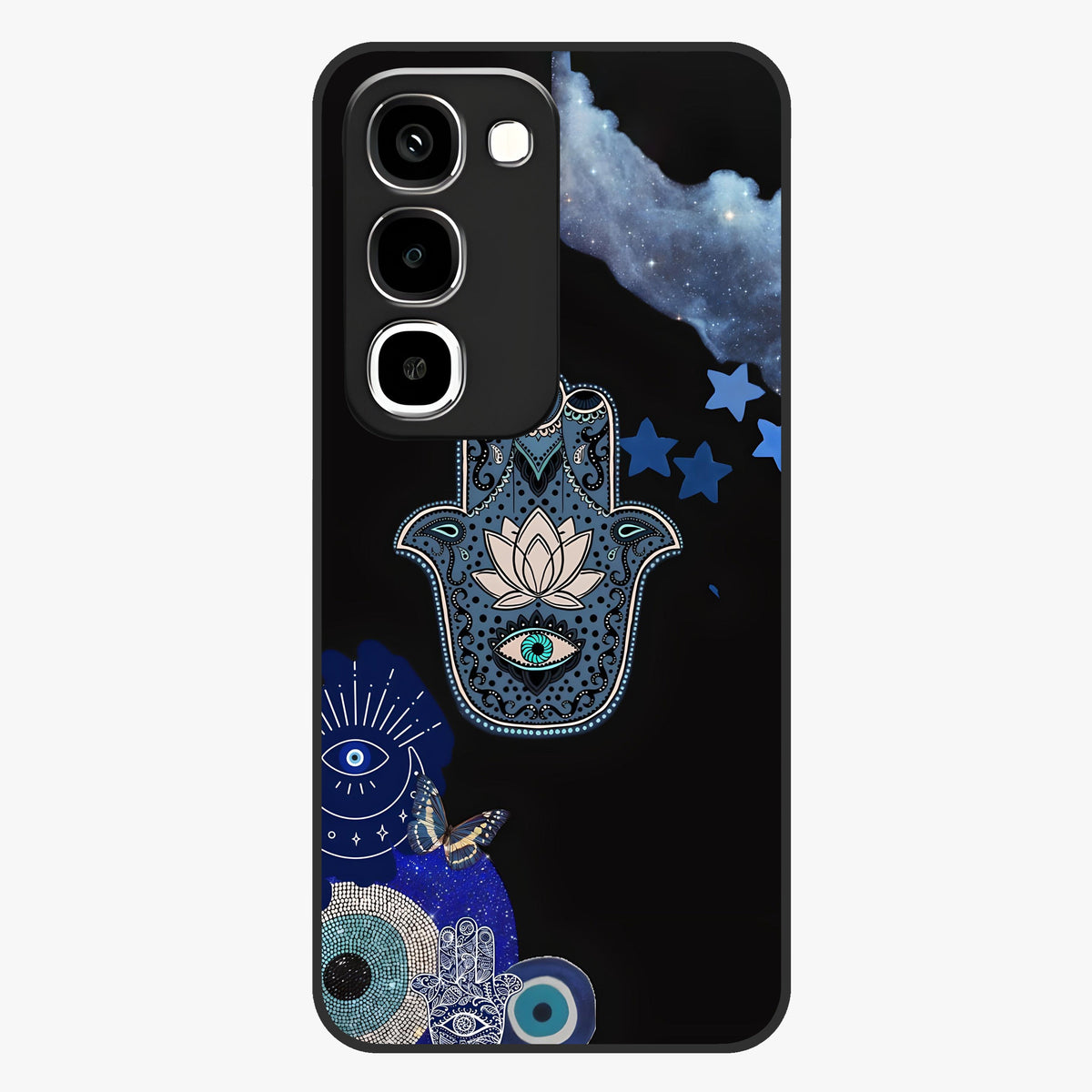 Mystic Hand Aura Glass Case showing flat back view with mystical hand symbol artwork and glossy glass finish.