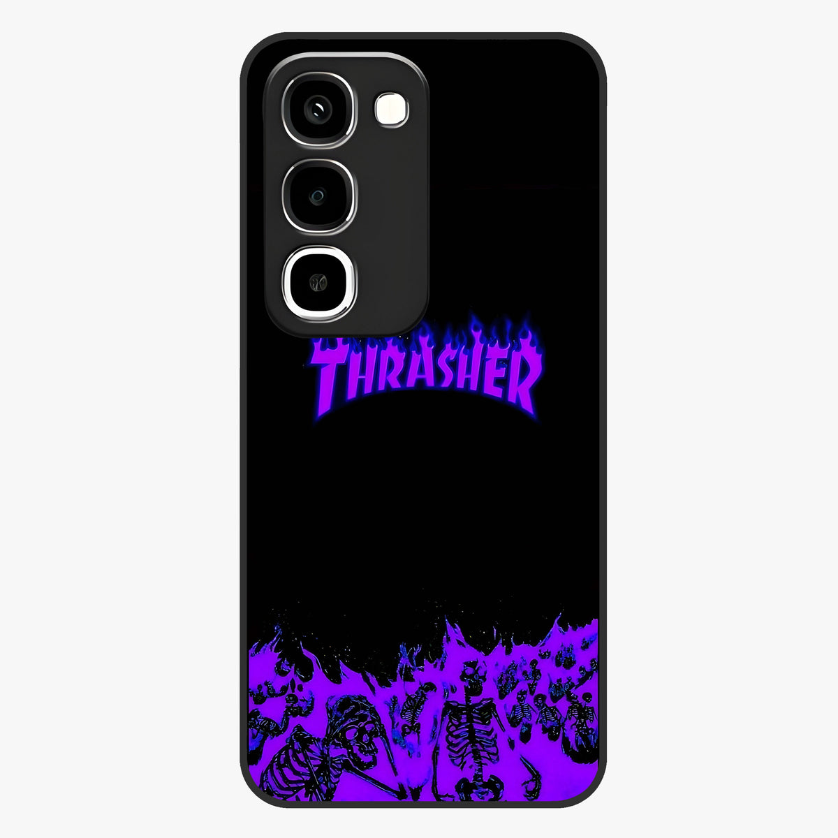 Neon Flame Riot Glass Case showing flat back view with neon flame artwork and glossy glass finish.