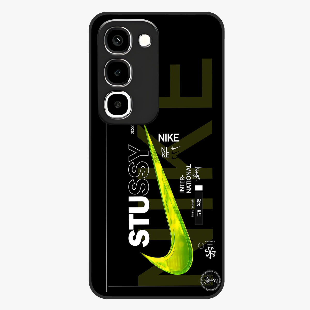 Neon Street Edition Glass Case showing flat back view with neon street style artwork and glossy glass finish.