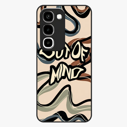 Out Of Mind Glass Case showing flat back view with expressive typography artwork and glossy glass finish.