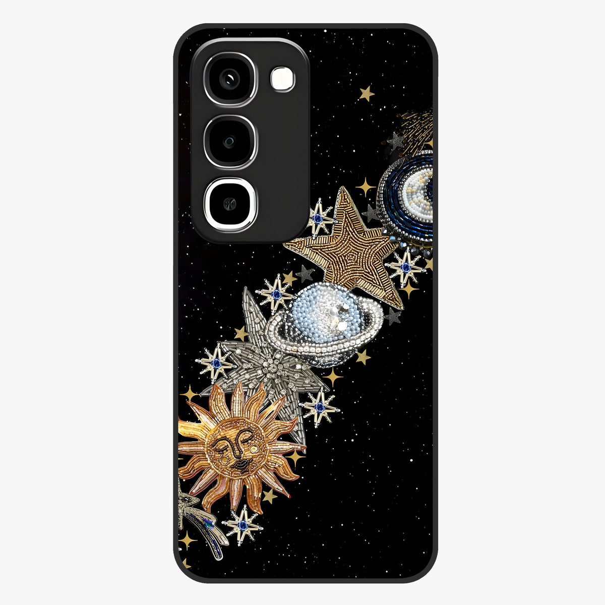Pearls Universe Object Glass Case showing flat back view with pearl inspired cosmic artwork and glossy glass finish.