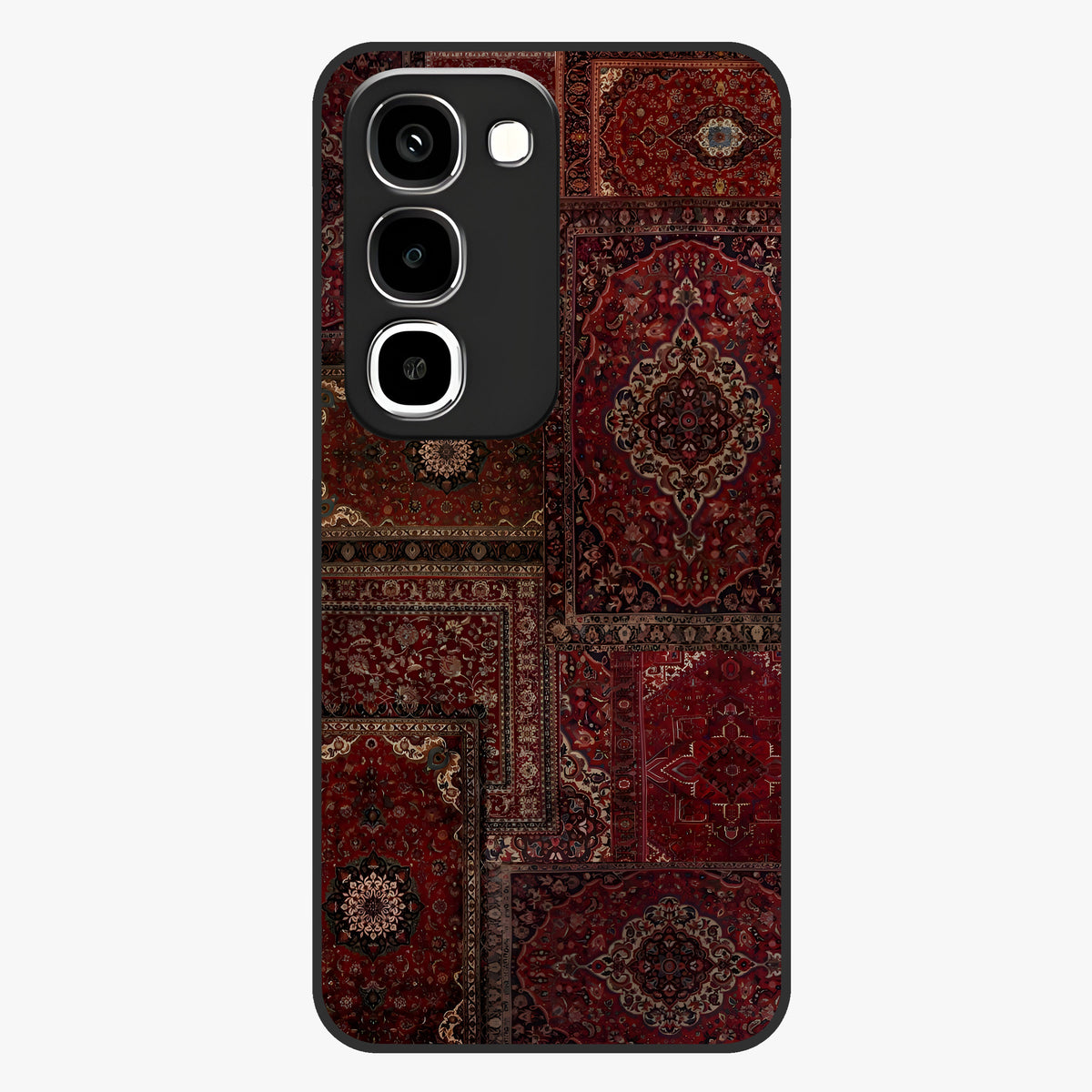 Persian Velvet Tale Glass Case showing flat back view with luxurious Persian velvet pattern artwork and glossy glass finish.