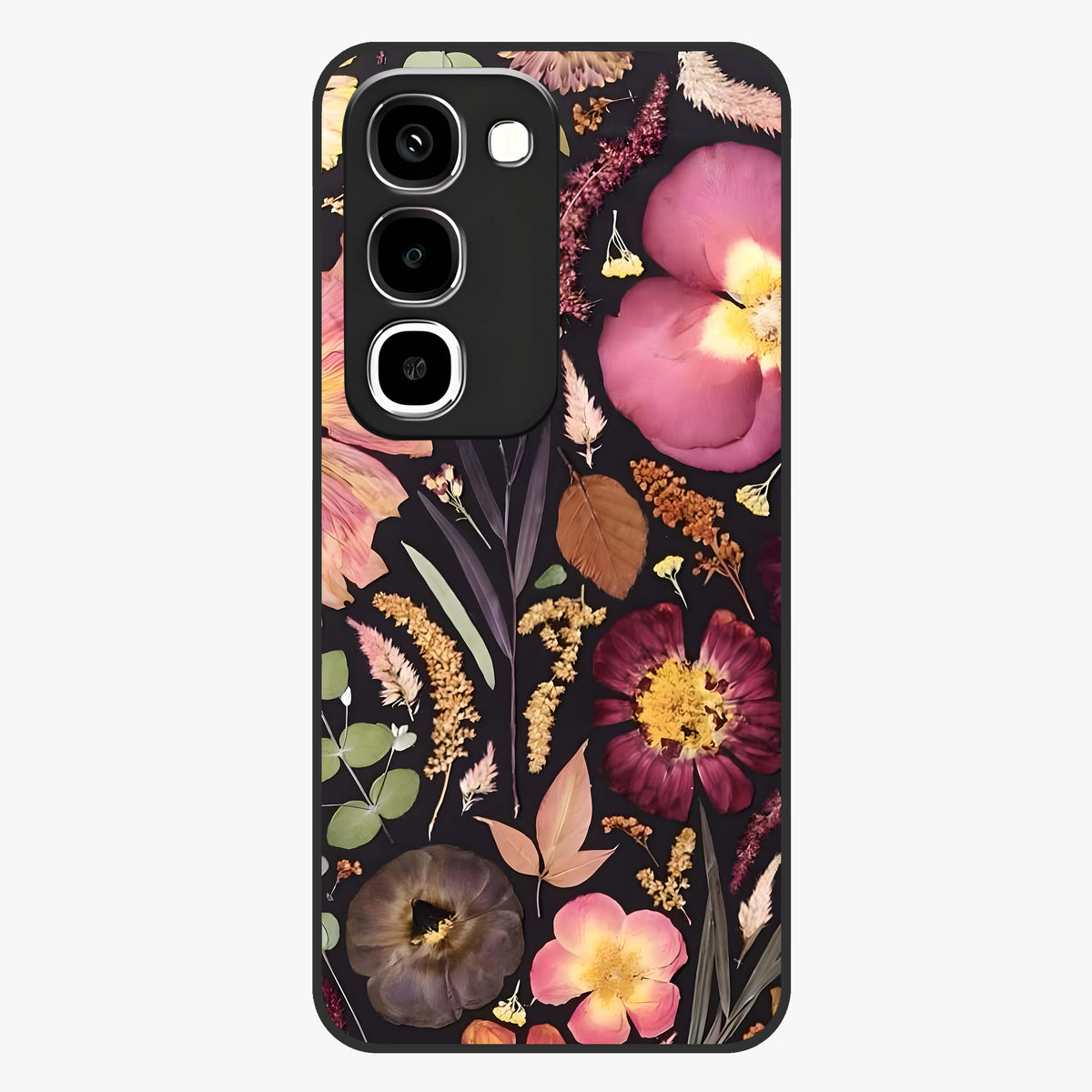 Petal Dream Tapestry Glass Case showing flat back view with intricate floral tapestry artwork and glossy glass finish.