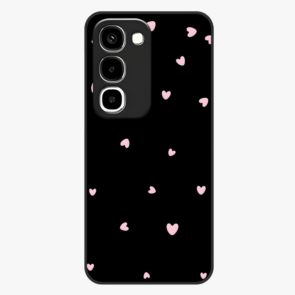 Pink Love Drops Glass Case showing flat back view with playful pink heart drops artwork and glossy glass finish.