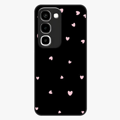 Pink Love Drops Glass Case showing flat back view with playful pink heart drops artwork and glossy glass finish.
