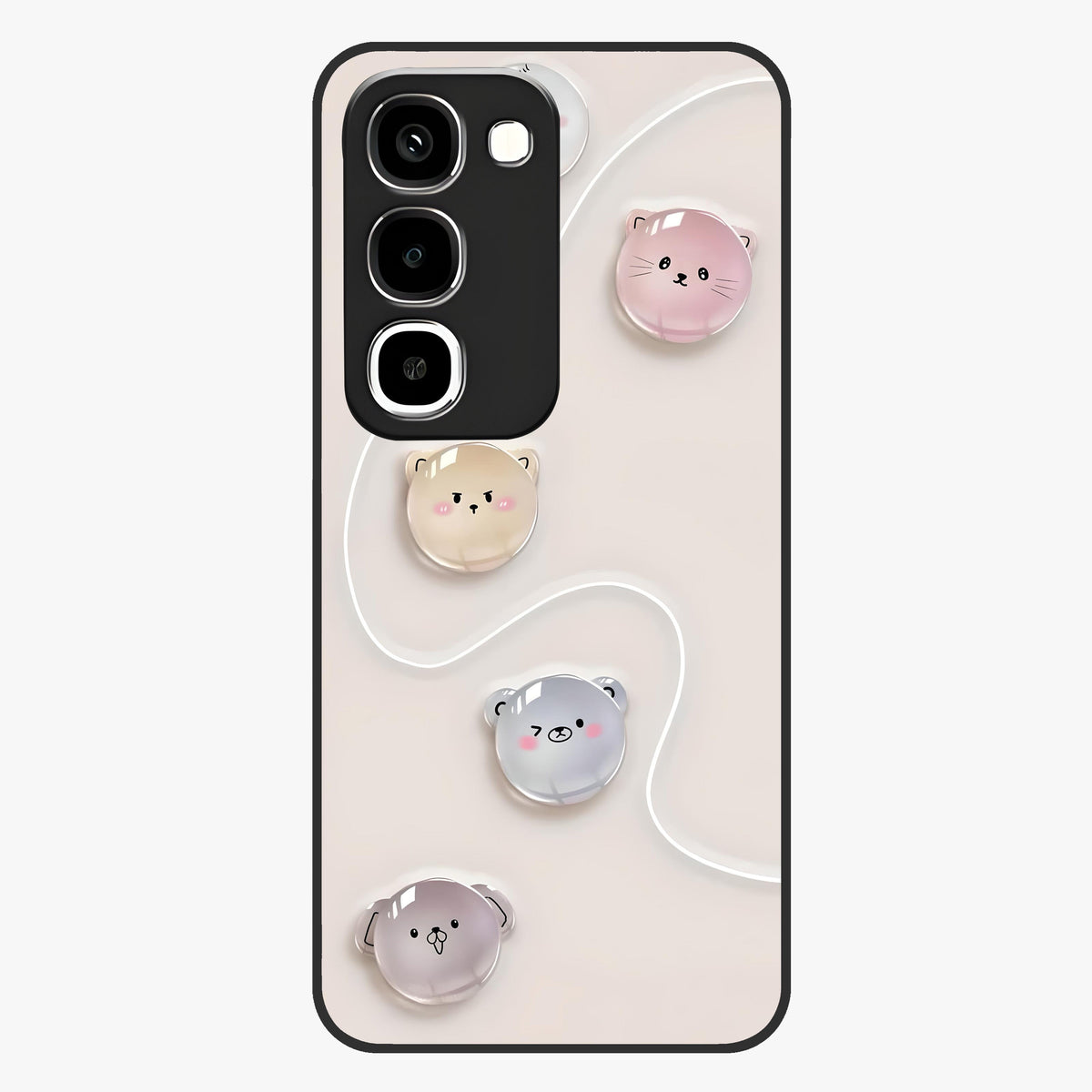 Puffy Face Parade Glass Case showing flat back view with cute puffy character faces artwork and glossy glass finish.