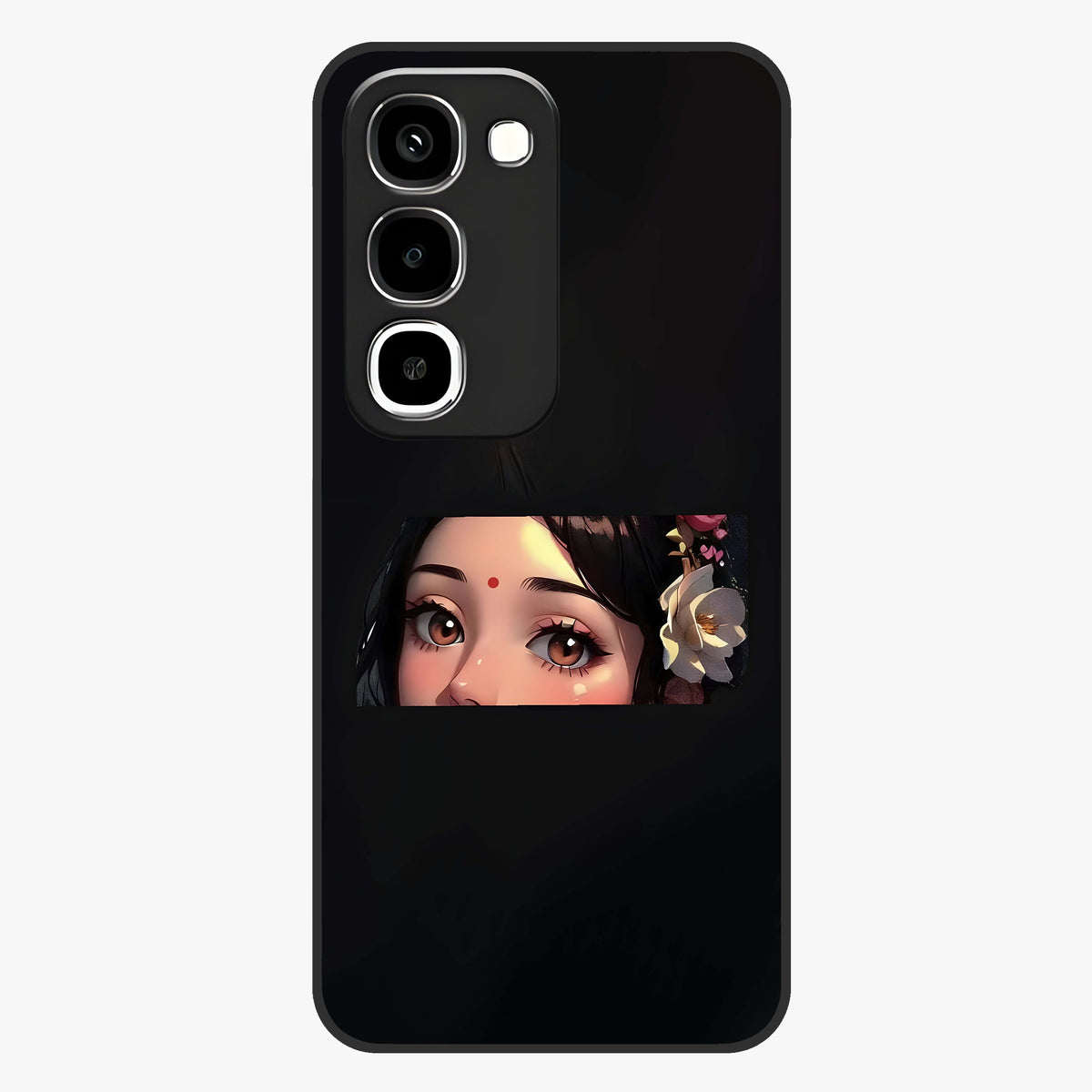 Radha Divine Embrace Glass Case showing flat back view with devotional Radha artwork and glossy glass finish.