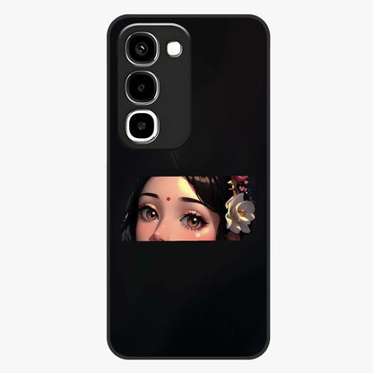 Radha Divine Embrace Glass Case showing flat back view with devotional Radha artwork and glossy glass finish.