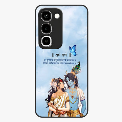 Radha Krishna Eternal Glass Case showing flat back view with Radha Krishna devotional artwork and glossy glass finish.