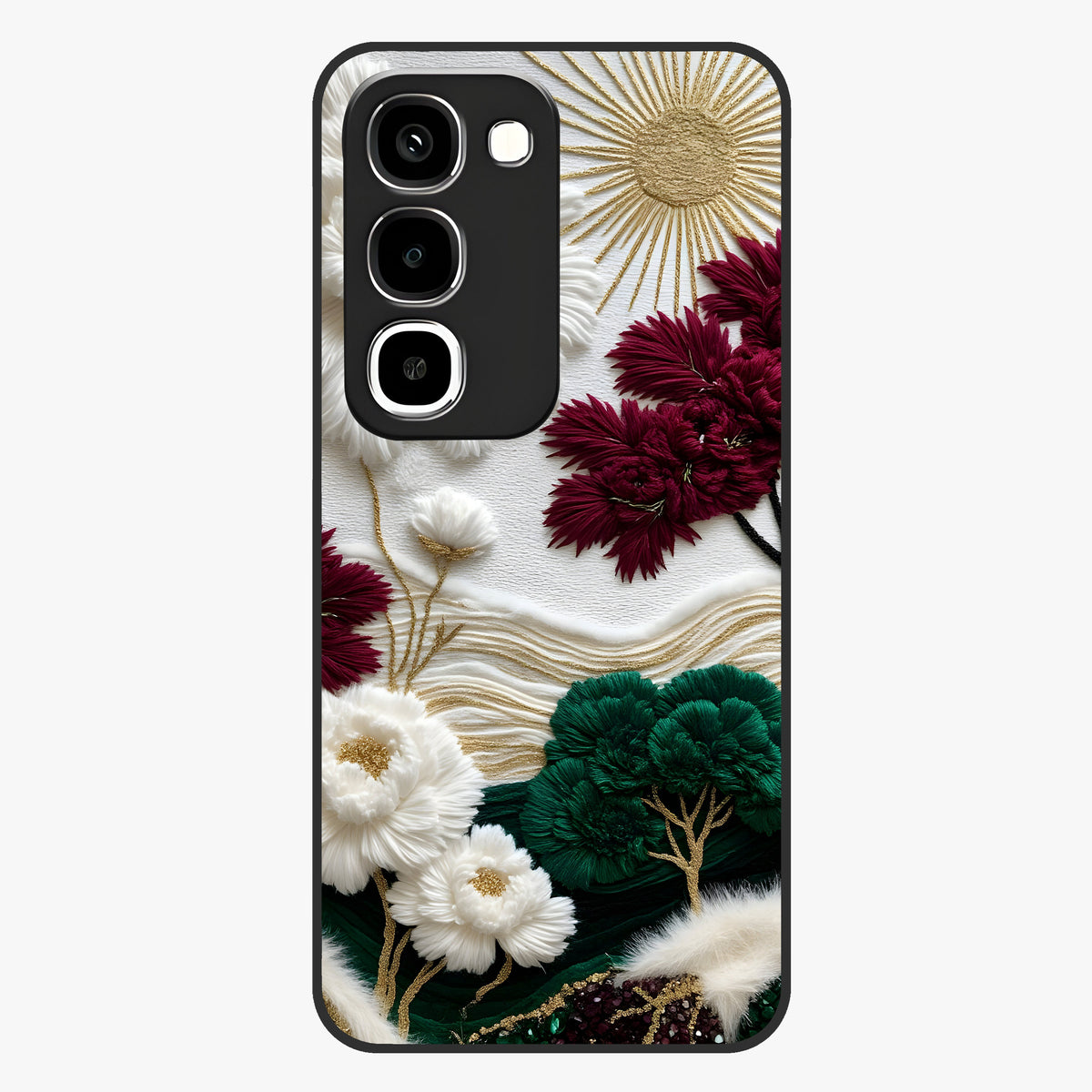 Radiant Bloom Elegance Glass Case showing flat back view with elegant blooming flower artwork and glossy glass finish.