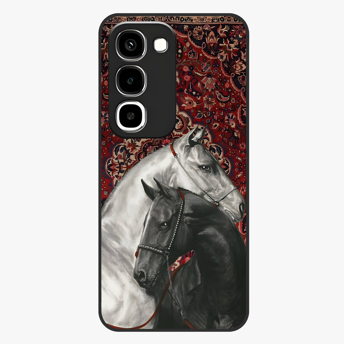Regal Stallion Tapestry Glass Case showing flat back view with majestic horse tapestry artwork and glossy glass finish.